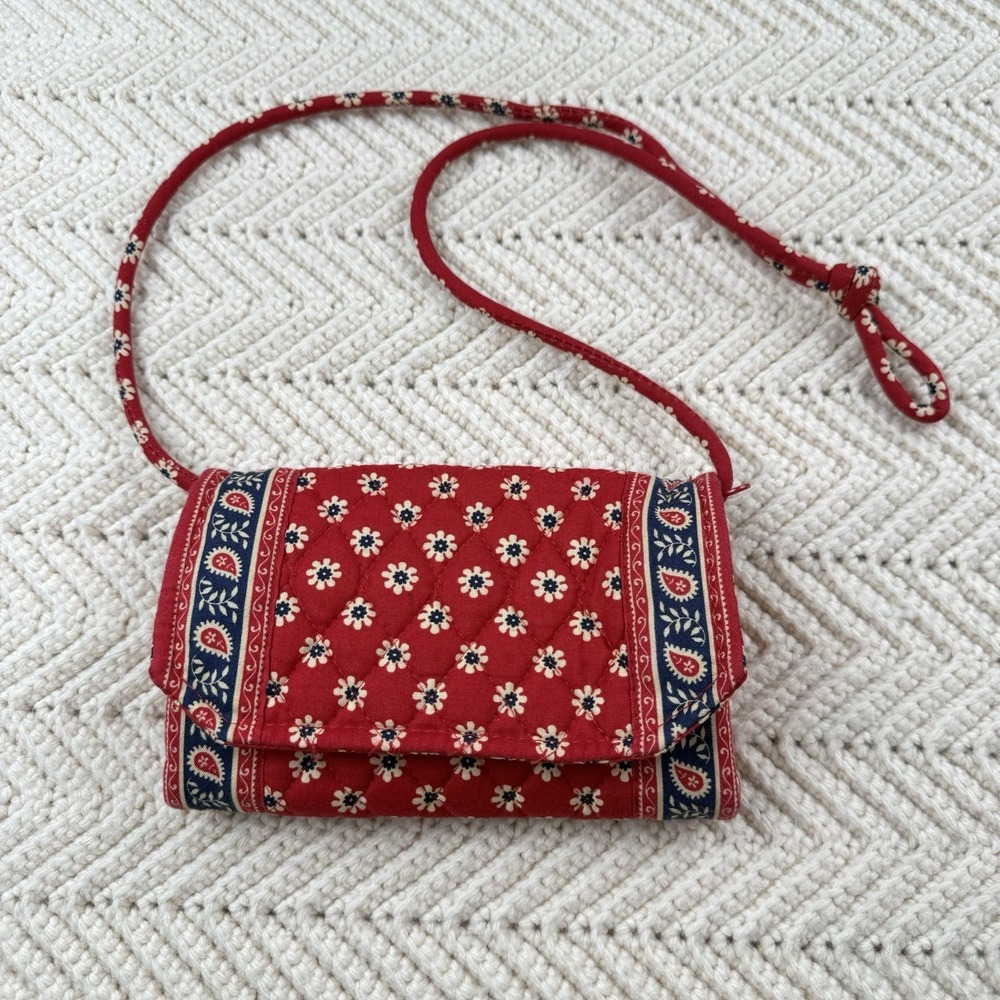 Vera Bradley Red Floral‎ Paisley Trifold Wallet Crossbody Quilted Cotton Bag VTG